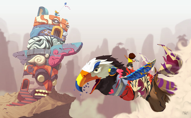 child riding a bird in desert