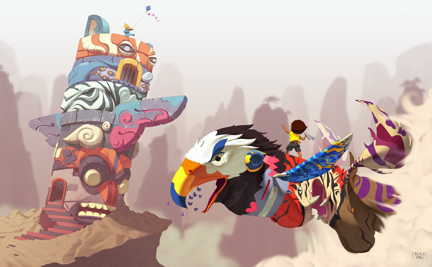 child riding a bird in desert