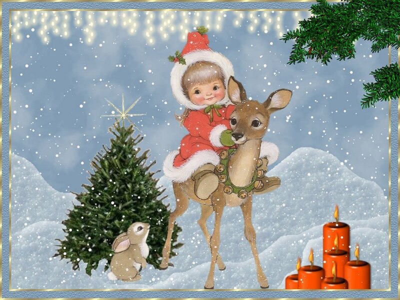 Child Riding a Deer — Blue, Festive