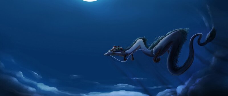 Child Riding a Dragon — Blue, Serene, Night, Digital Art