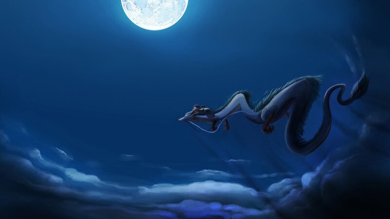 Child Riding a Dragon — Blue, Serene, Night