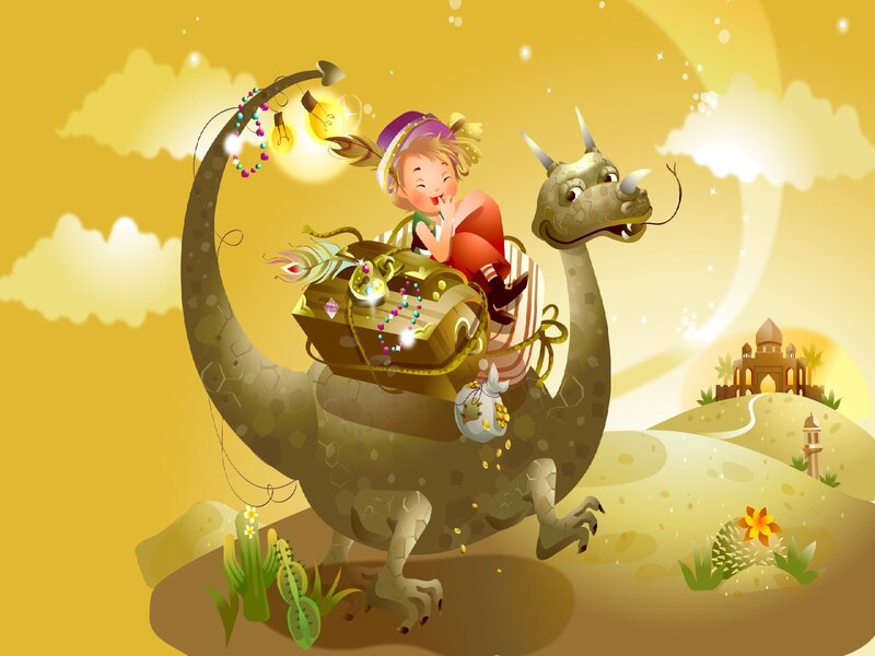 Child Riding a Dragon — Yellow, Whimsical, Sunset