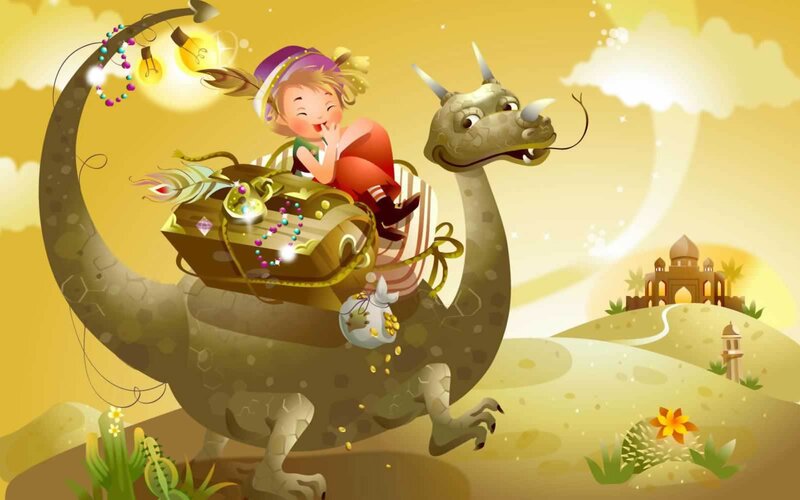 Child Riding a Dragon — Yellow, Whimsical