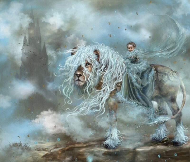child riding a white lion
