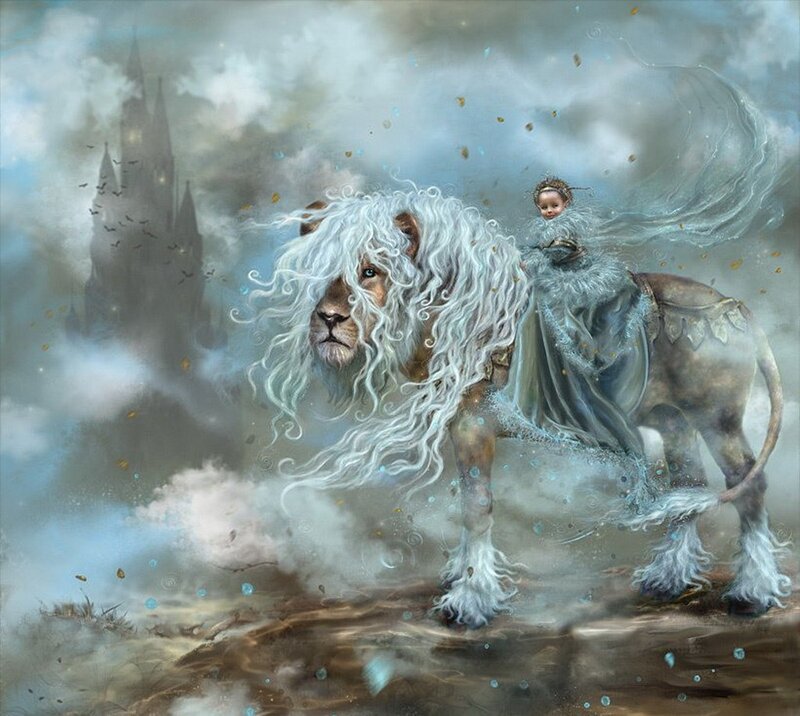 child riding a white lion