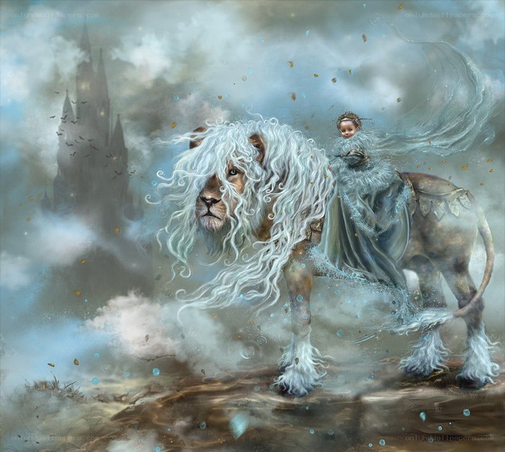 child riding a white lion