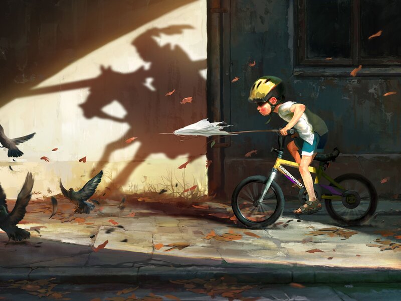 Child Riding Bicycle — Yellow