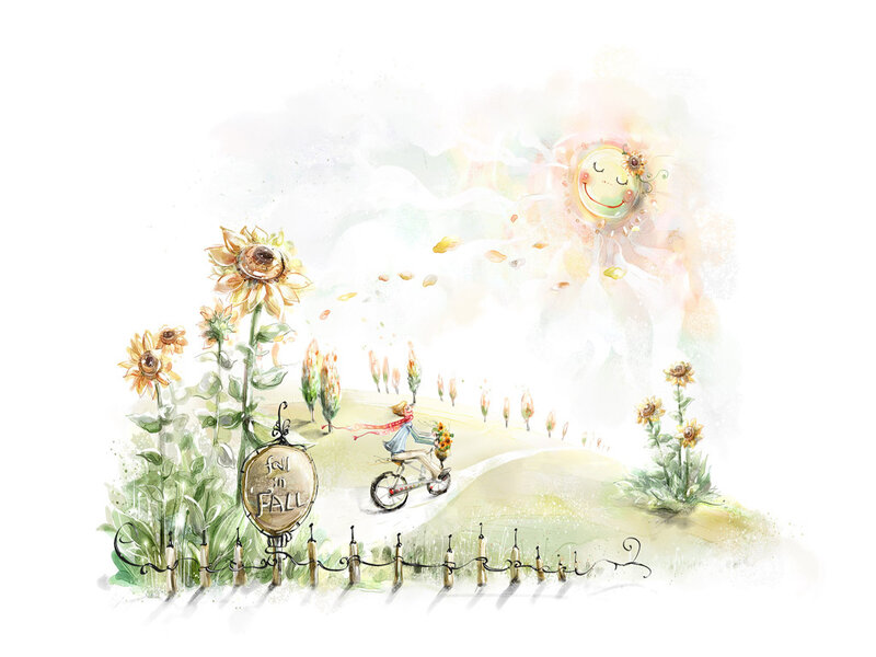 Child riding bike in sunflower field