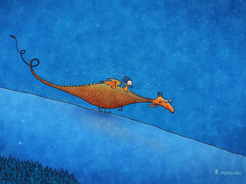 Child Riding Dragon — Blue