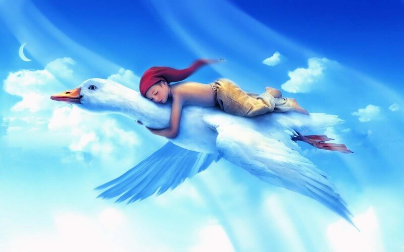 Child Riding Goose — Blue, Serene