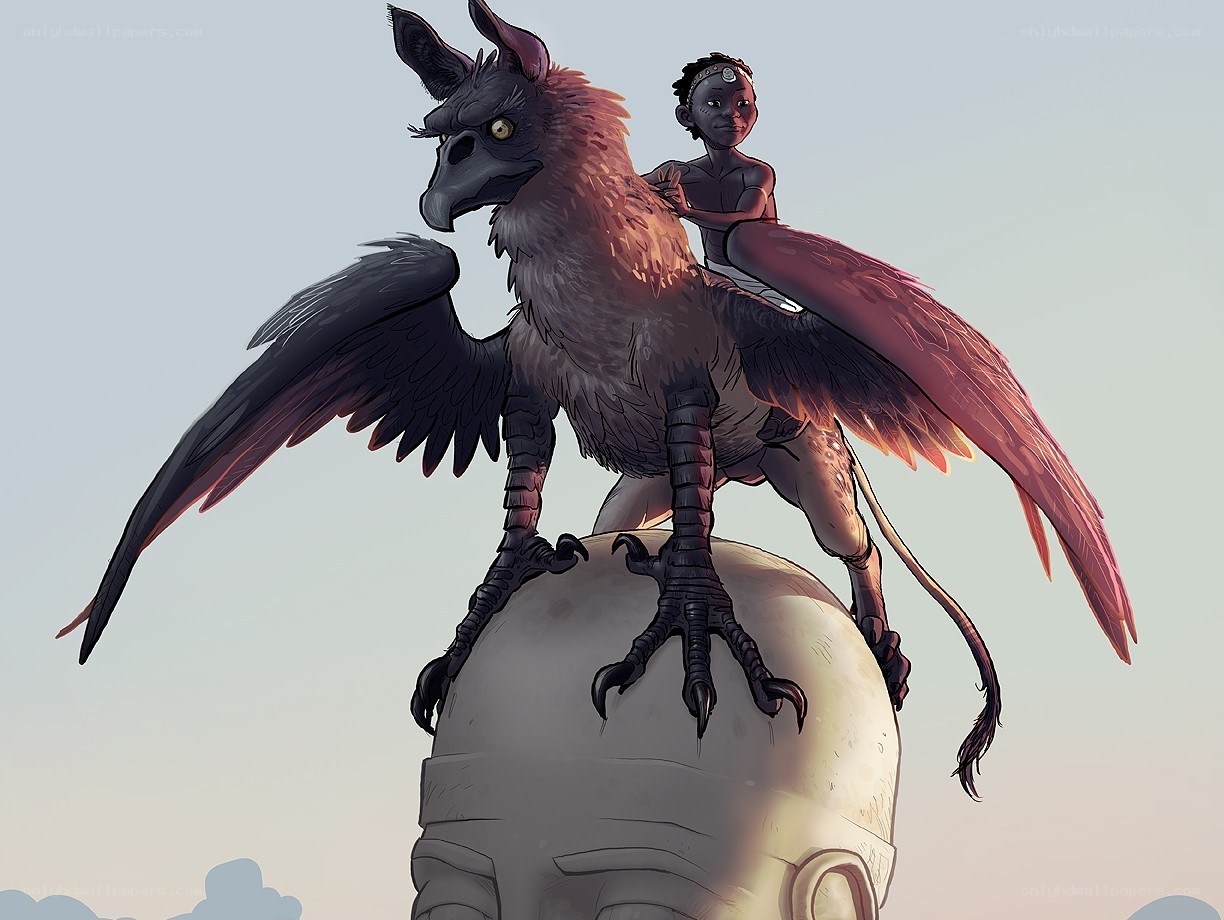 child riding griffin on skull