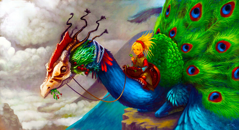 Child Riding Peacock Dragon — Green