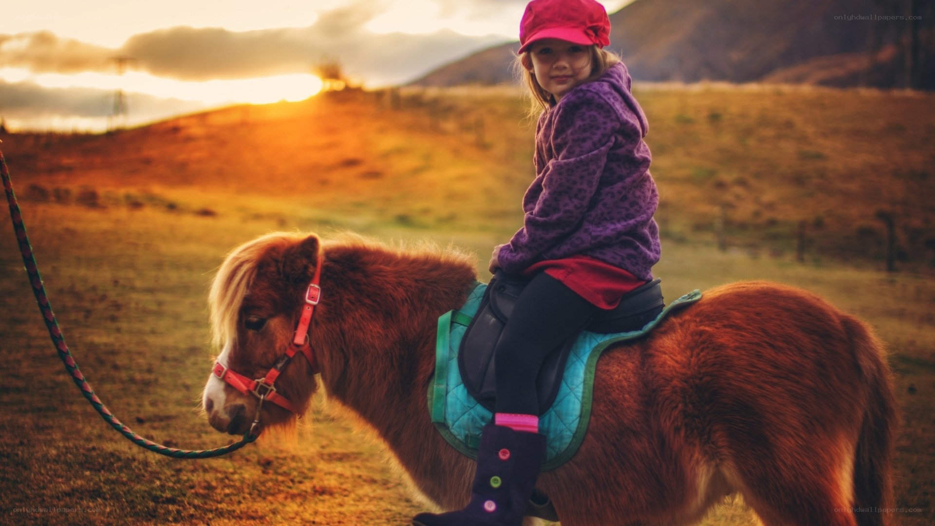 child riding pony at sunset