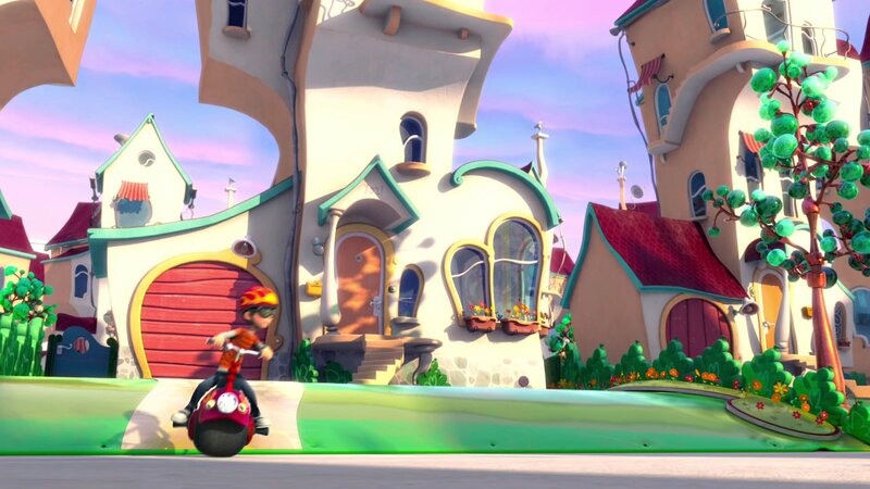 child riding scooter in cartoon town