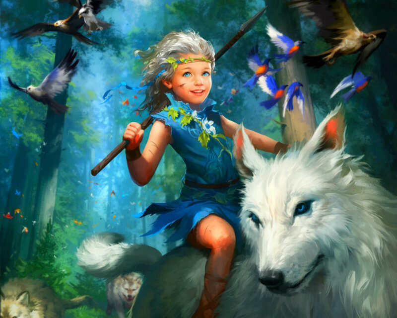 Child Riding White Wolf — Blue