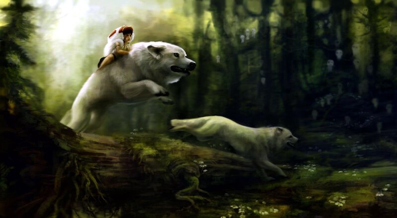 Child Riding White Wolf — Green, Dramatic