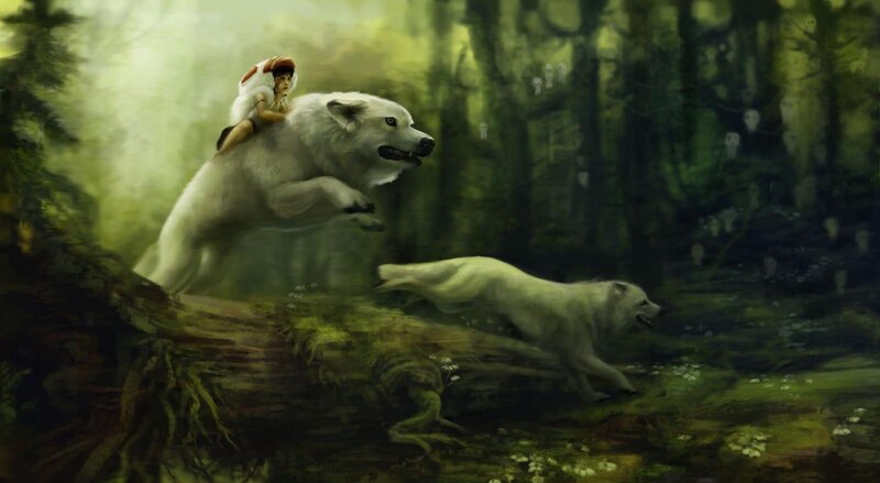 Child Riding White Wolf — Green, Mysterious
