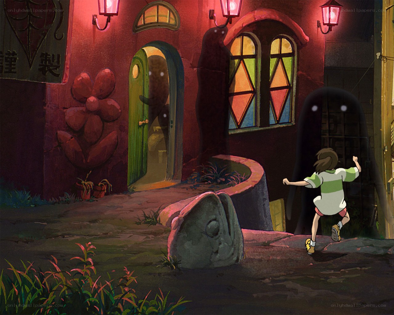 Child running from ghostly figure