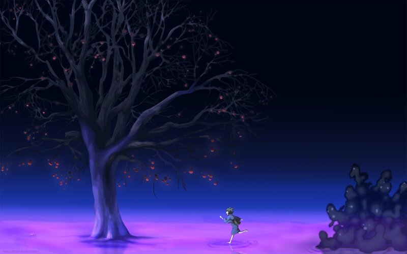 child running in purple landscape