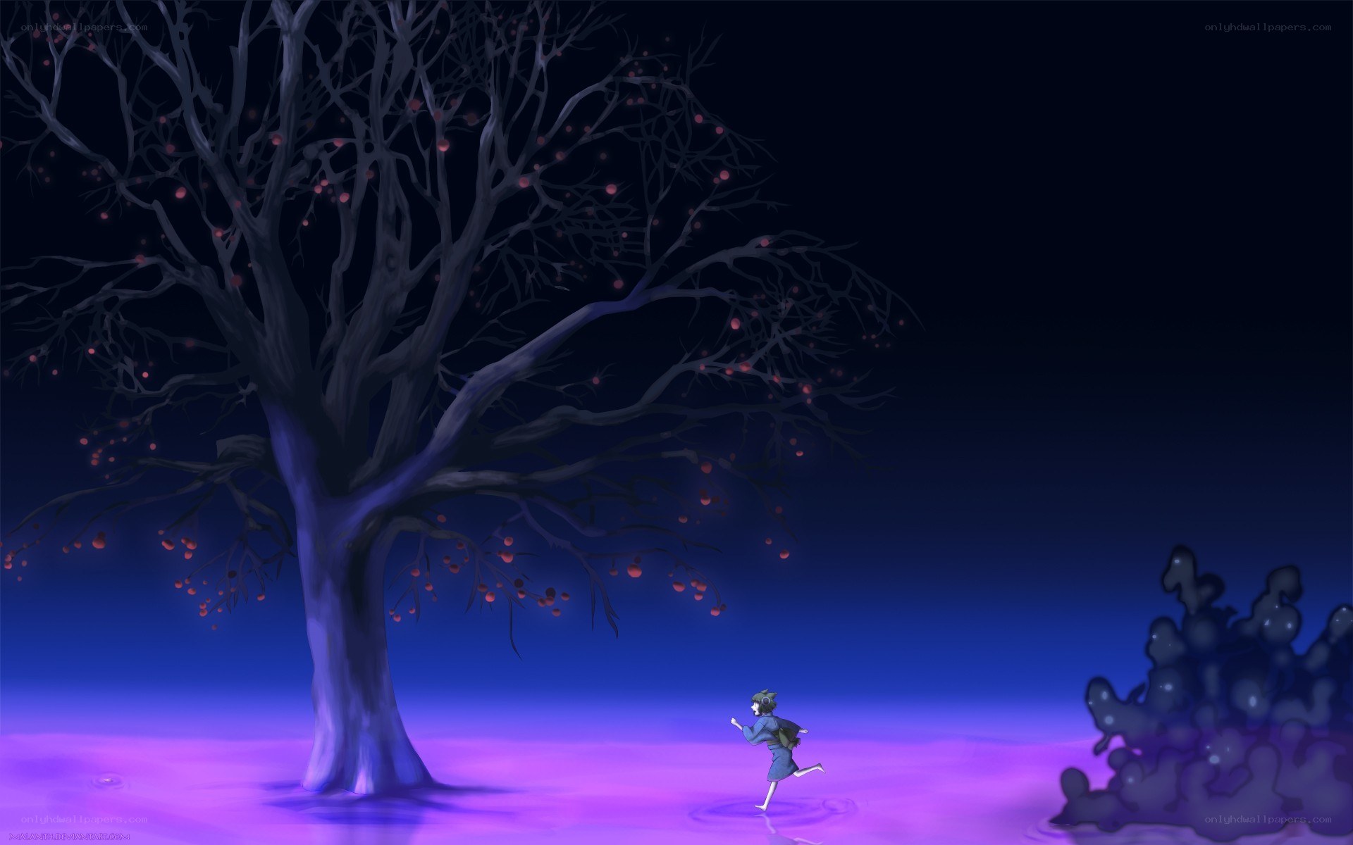 child running in purple landscape