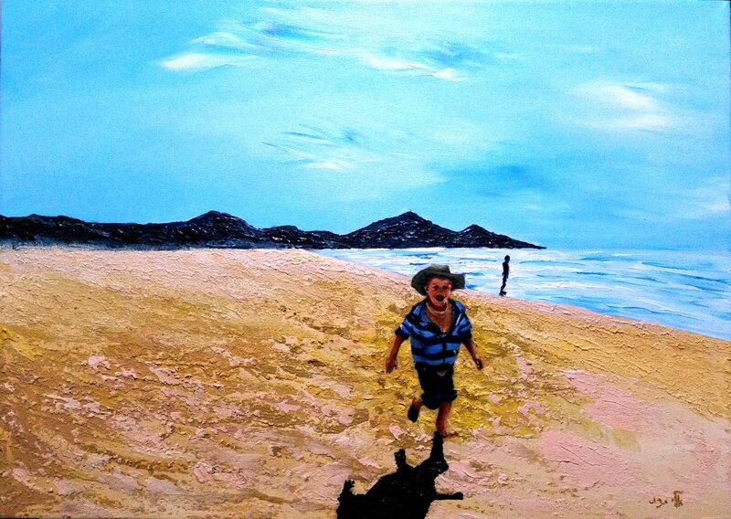 Child Running on Beach — Blue, Serene, Afternoon