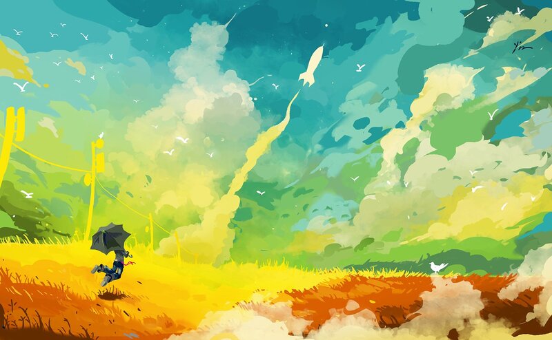 child running with umbrella