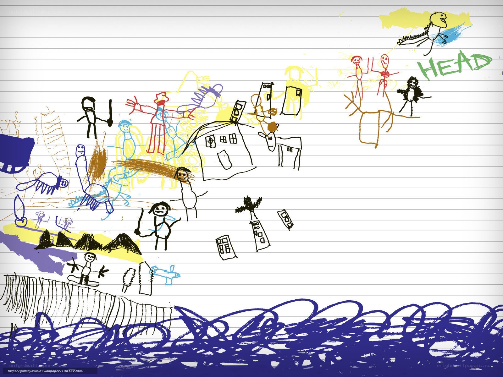 child's crayon drawing on lined paper