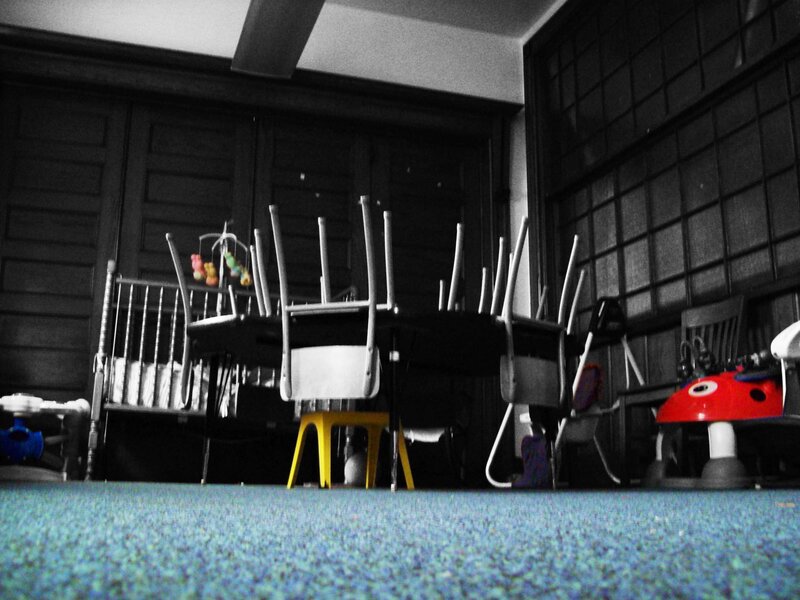 Child's room with overturned chairs