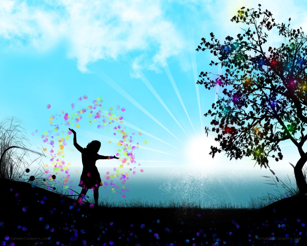 child silhouette with colorful bubbles