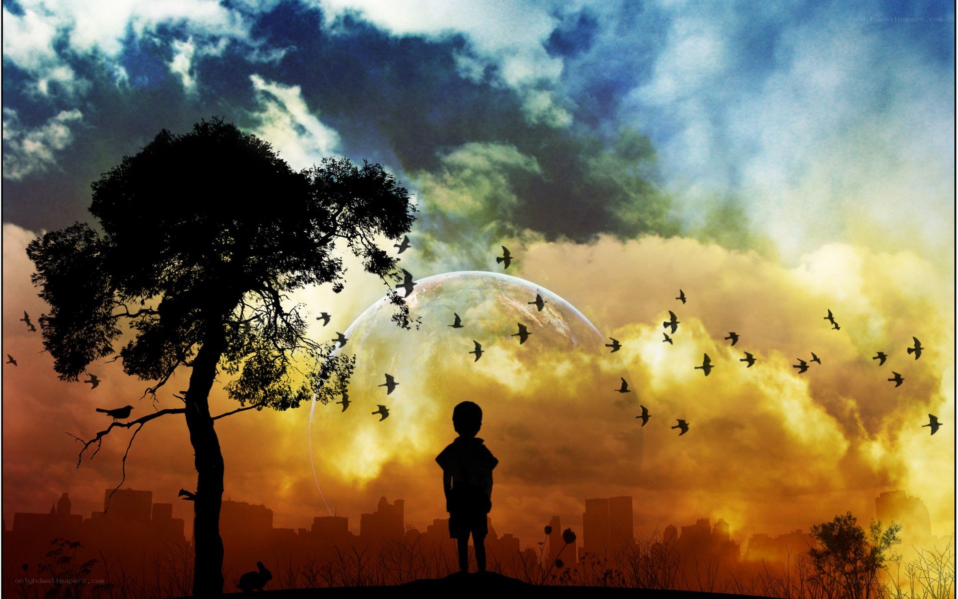 Child silhouetted against alien planet