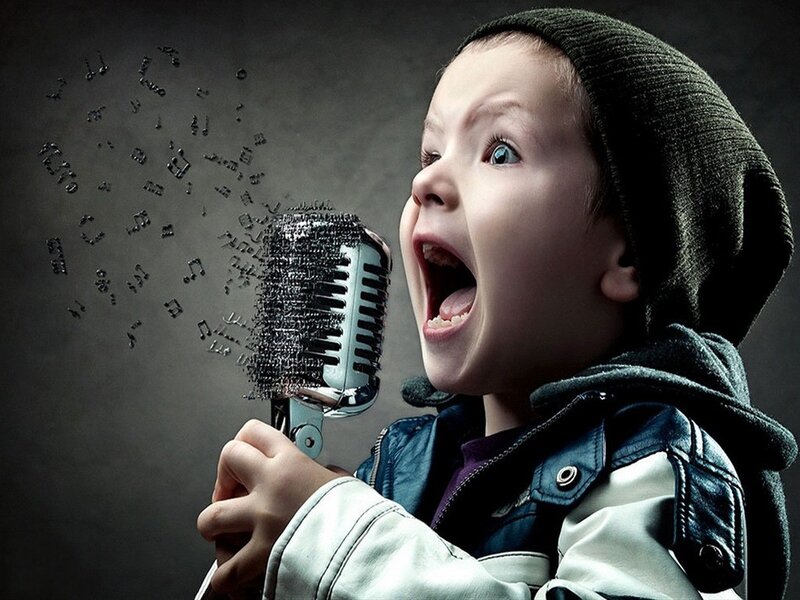Child Singing into Microphone — Gray, Dramatic, Photograph, Music Notes, Beanie
