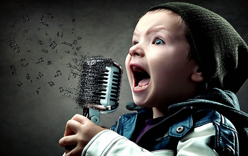 Child Singing into Microphone — Gray, Dramatic, Photograph, Music Notes
