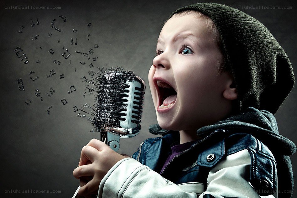 child singing into vintage microphone