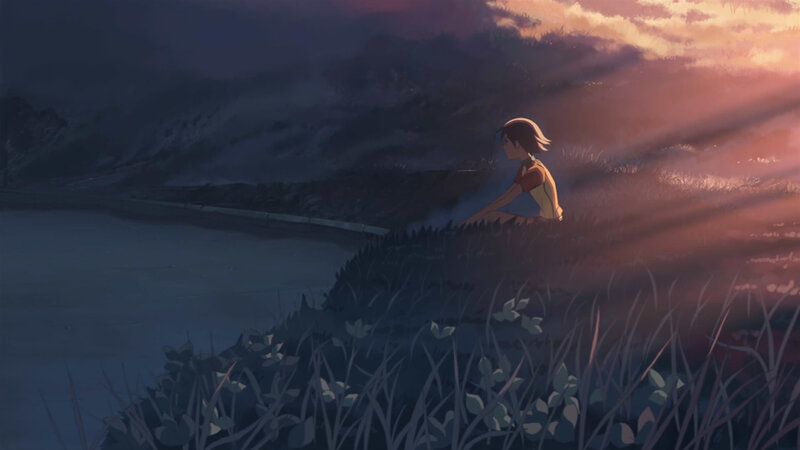 child sitting by the water at sunset