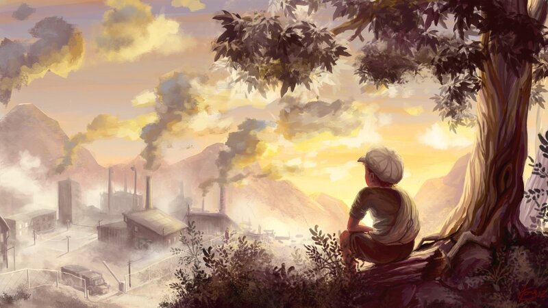 Child Sitting by Tree — Yellow, Melancholic