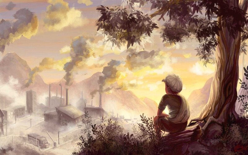 Child Sitting by Tree — Yellow