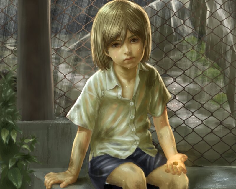 Child Sitting in Rain