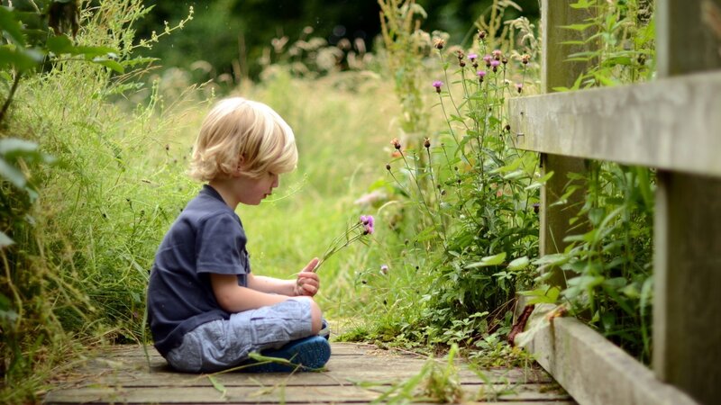 child sitting on a path