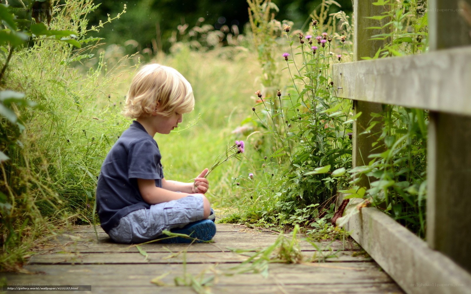 child sitting on a wooden path