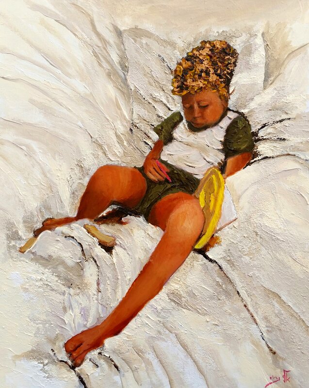 Child Sitting on Bed — White