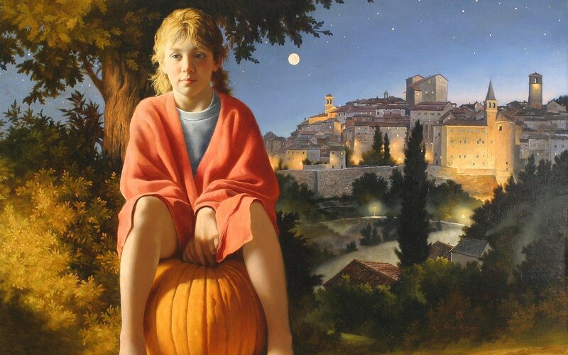 Child Sitting on Pumpkin