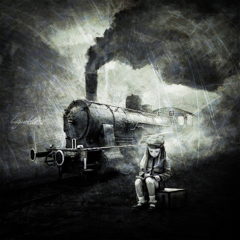Child Sitting on Suitcase — Black, Dramatic