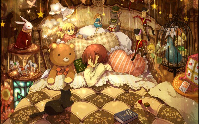 Child Sleeping in Bed — Brown, Dreamy, Night, Digital Art, Teddy Bear, Stuffed Animals