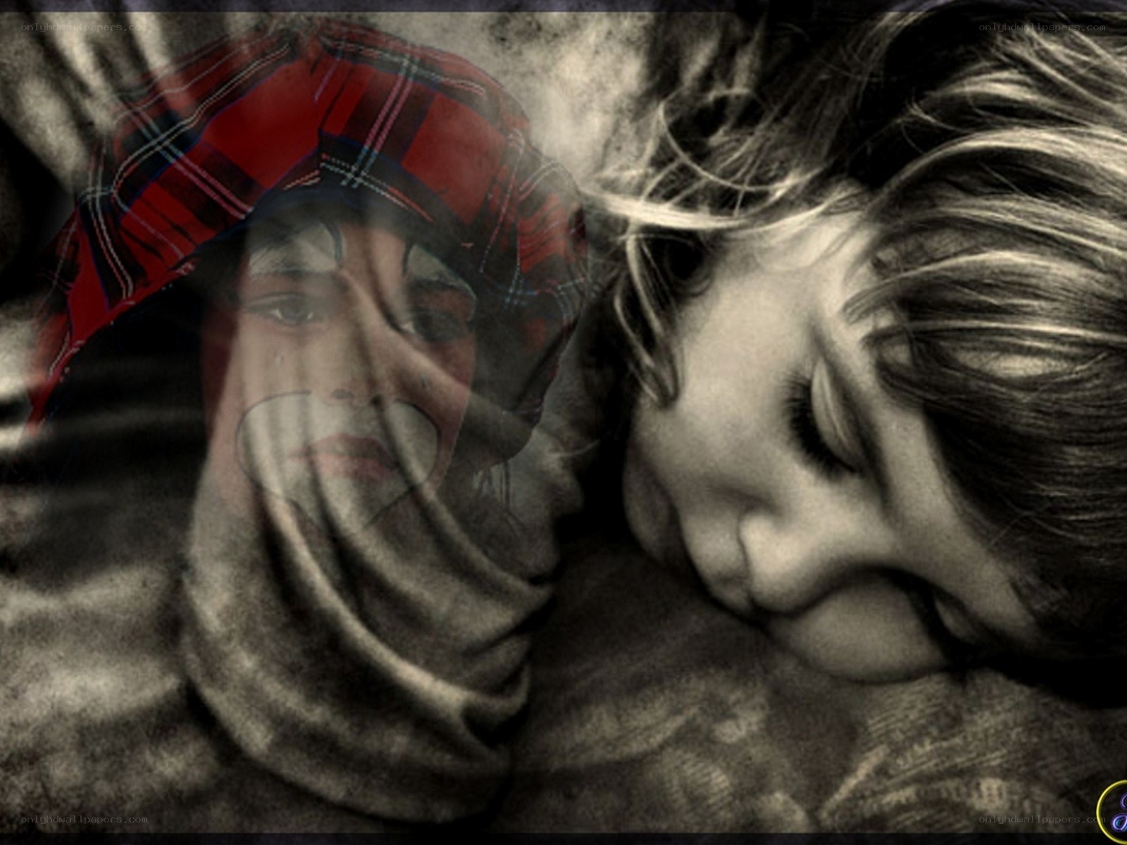 Child sleeping with clown overlay