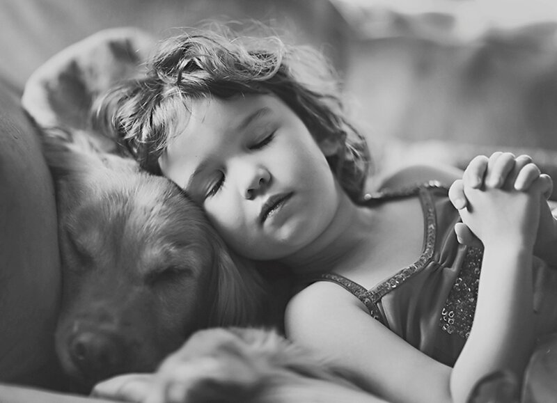 Child Sleeping with Dog — Black