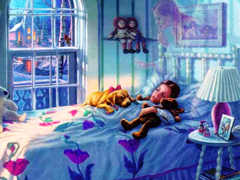 Child Sleeping with Dog — Blue, Peaceful