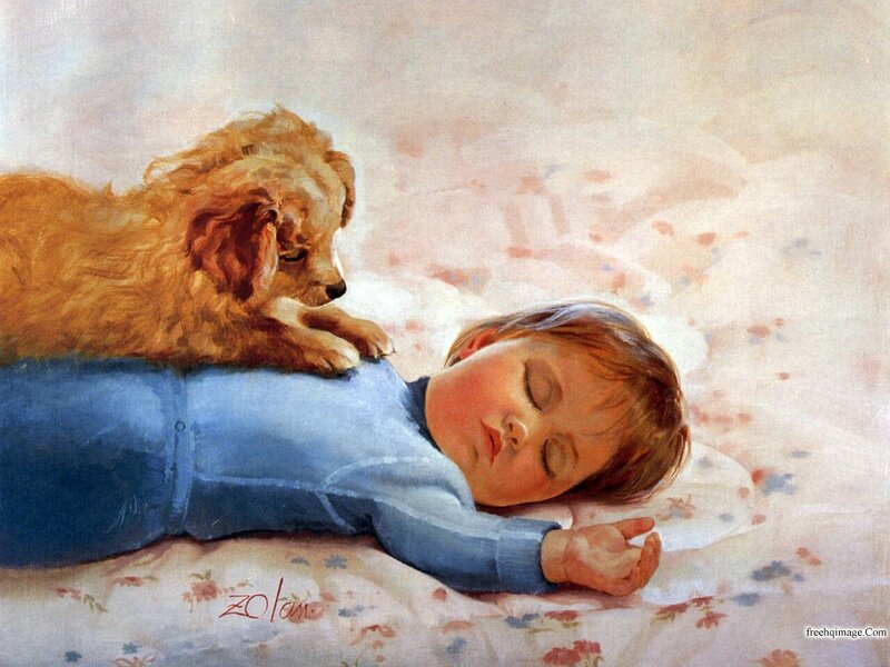 Child Sleeping with Dog — Blue