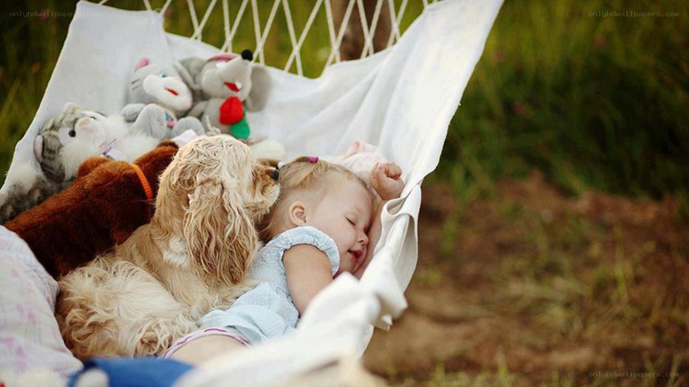 child sleeping with dog in hammock