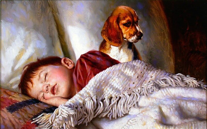 Child Sleeping with Dog — White