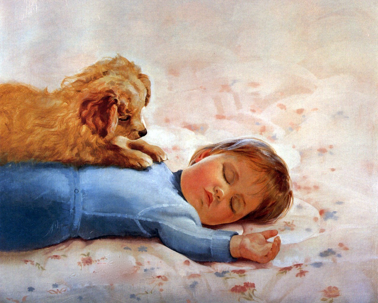 child sleeping with puppy